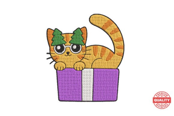 Christmas Cat in Gift Box Embroidery Pat