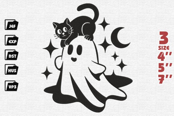 Cute Ghost and Black Cat Embroidery Design