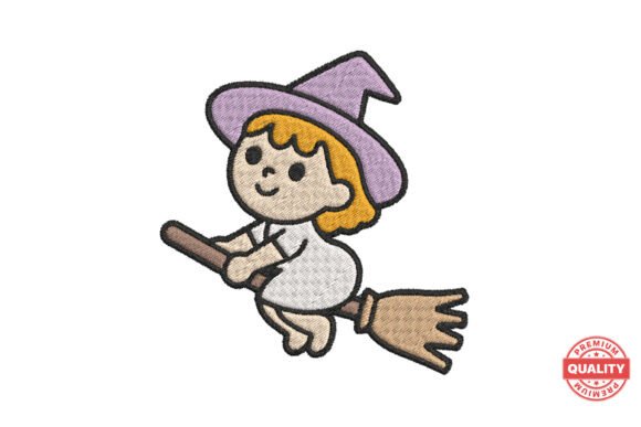 Cute Witch on Broom Embroidery