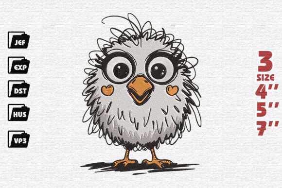 Scruffy Bird with Heart Cheeks Embroidery Design