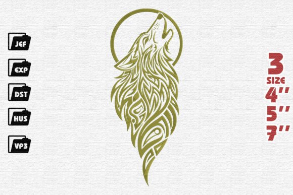 Tribal Howling Wolf & Full Moon Embroidery